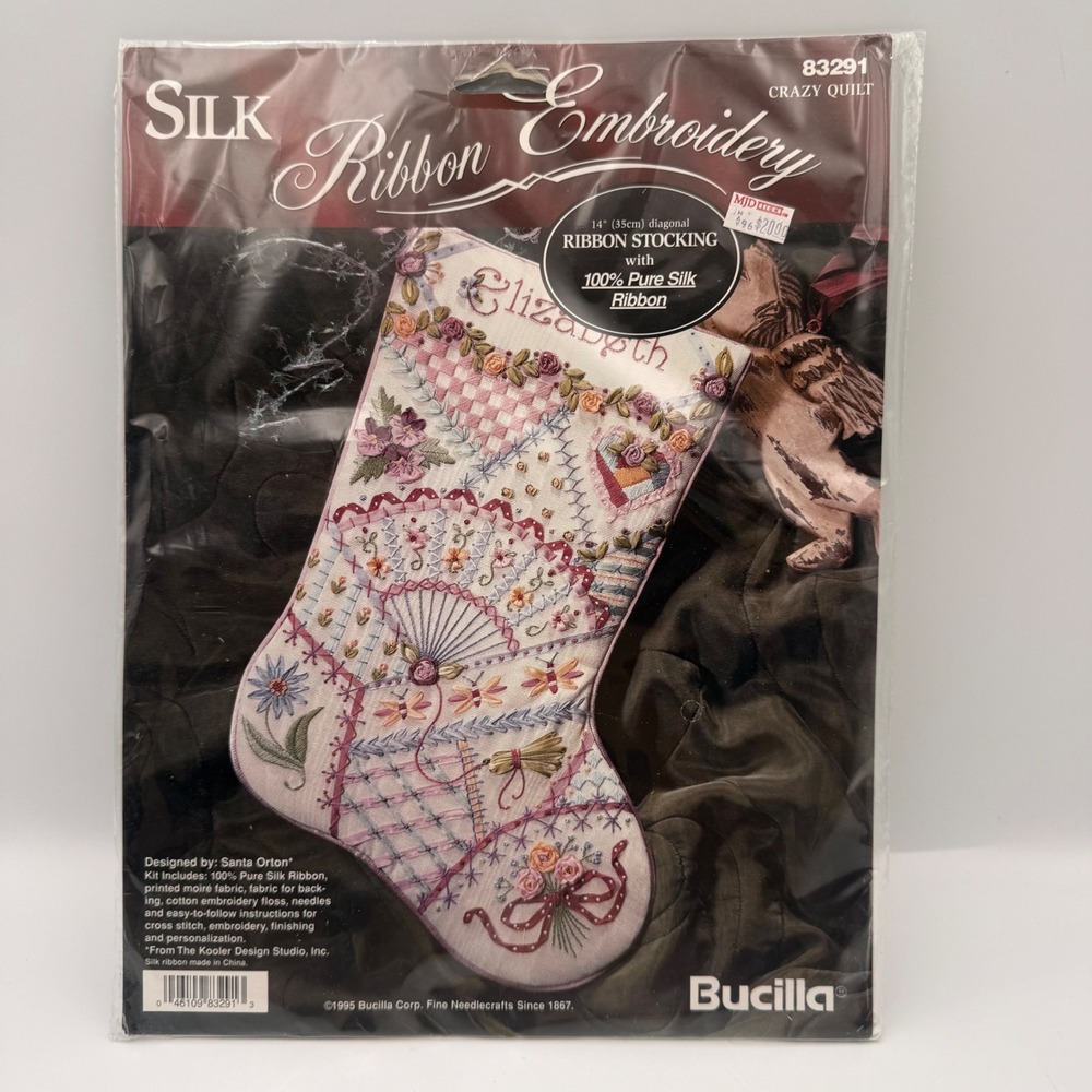 Bucilla Silk Ribbon Embroidery Crazy Quilt Stocking Kit 83291 Santa Orton 14in